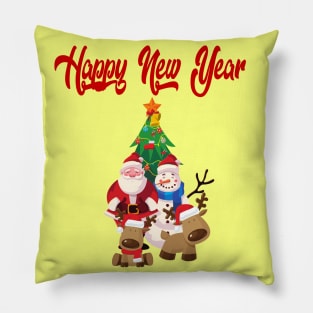 new year illustration with Santa Claus, snowman and reindeer Pillow