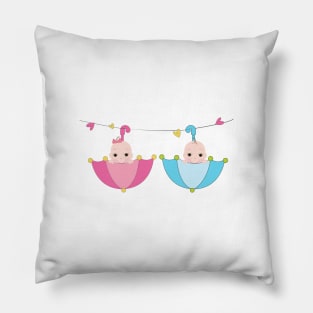 Twin baby boy and girl with umbrella Pillow
