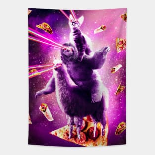 Laser Eyes Space Cat Riding Sloth, Llama - Rainbow Tapestry