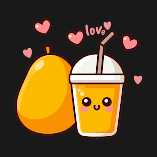 Cute Mango Drink and Mango in Love | Kawaii Style Couple Food Art T-Shirt