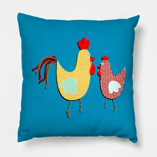 Funny Couple Rooster and Chicken Decorative Art Primitive Bird Character Pillow