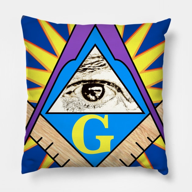 Sq. & Compasses w/All-seeing Eye, G & star On Blue disc Pillow by EssexArt_ABC