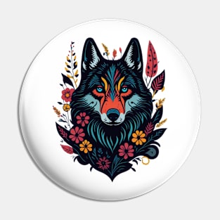 Colorful wolf with flowers Pin