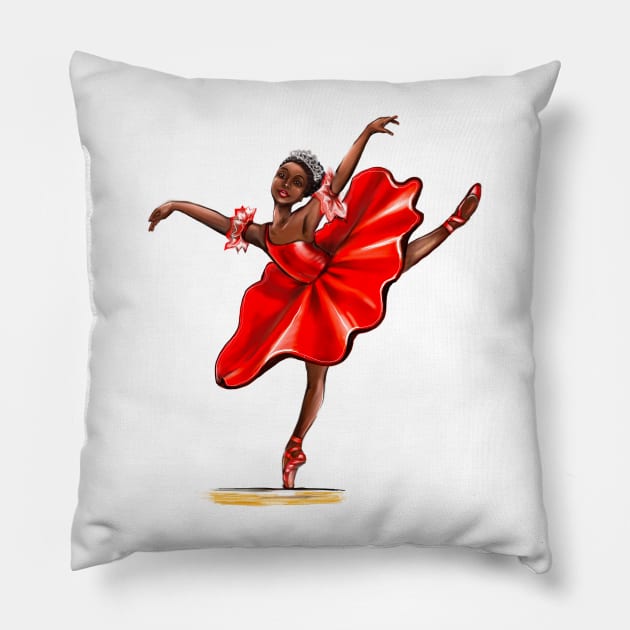 Ballet in red pointe shoes 2, dress and crown - ballerina doing pirouette in red tutu and red shoes  - brown skin ballerina dancing Pillow by Artonmytee