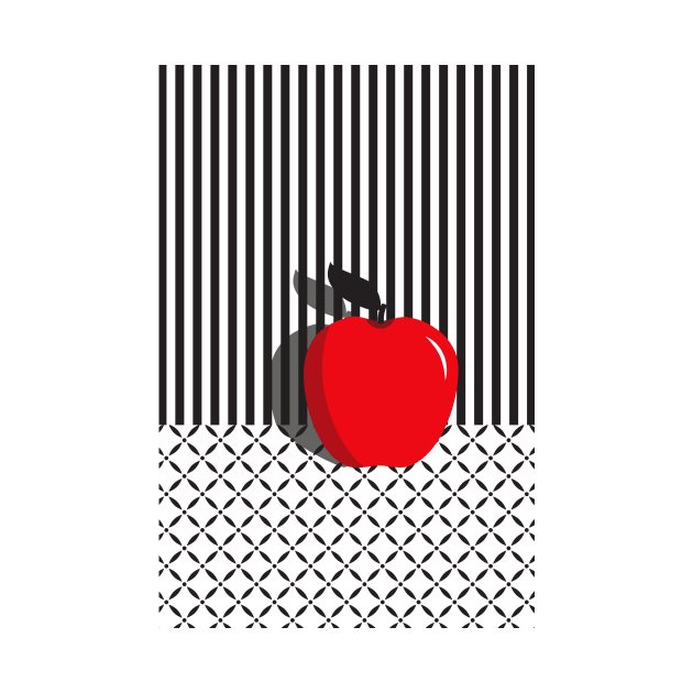 Red Pop Art Apple on black and white stripes and pattern by missmewow