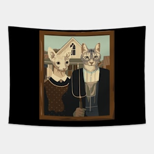 A Meowican Gothic American Gothic Cat Parody Tapestry