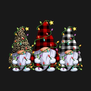 Three Leopard Buffalo Plaid Red Gnomes Christmas Lights T-Shirt