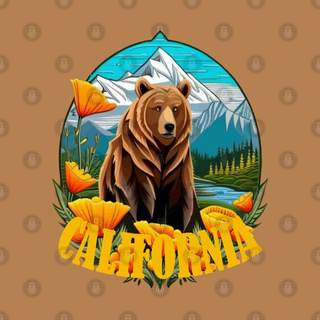 Bear In Mountain Landscape Surrounded By Orange California Poppies 2 by taiche