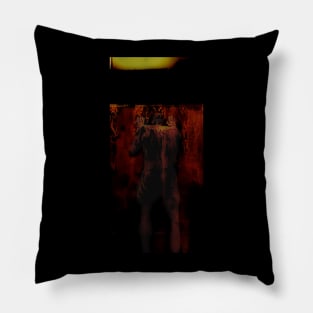 How to break the wall? Man in underpants stands near wall. Ugly close up, great artistic value. Orange and dim. Pillow
