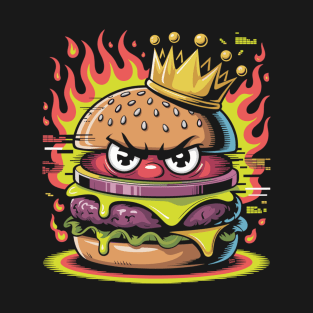 Burger Royalty – Angry Cheeseburger King with Crown & Flames T-Shirt