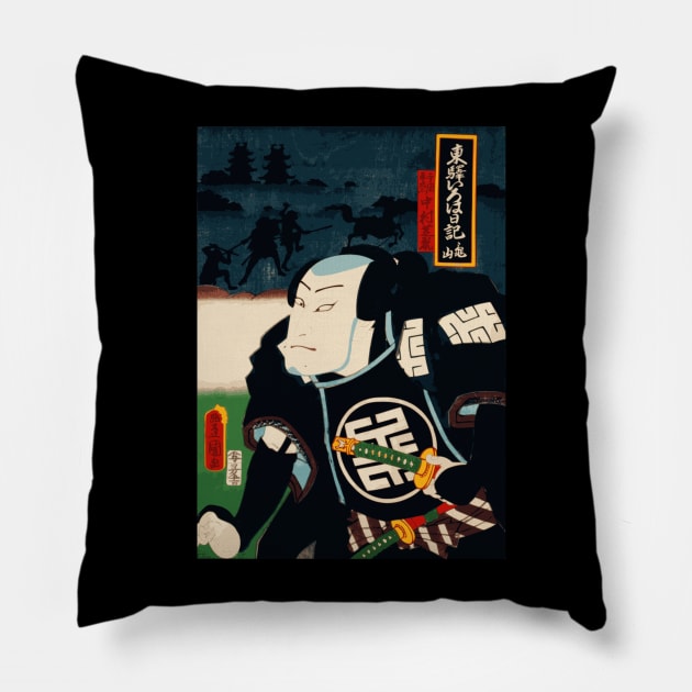 Kabuki Actor As Samurai In Black Armour With Katana Swords #10 Pillow by RCDBerlin