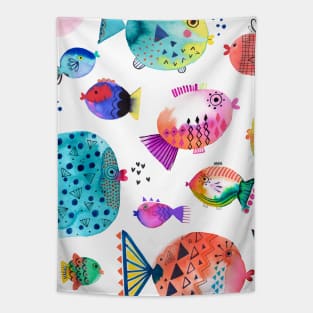 Pocket - Cute Puffer Fishes Watercolor Multi Tapestry