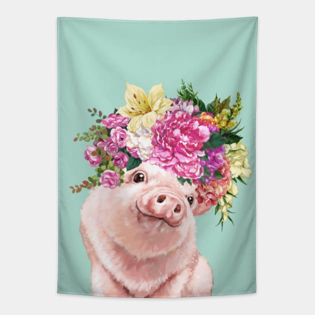 Lovely Baby Pig with Flower Crowns in Green Tapestry by bignosework