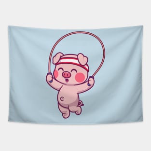 Cute Pig Playing Skipping Rope Cartoon Tapestry