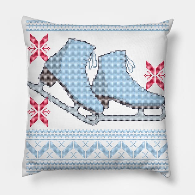 Ugly Christmas Sweater design with Ice Skates and Snowflakes Pillow by YourGoods