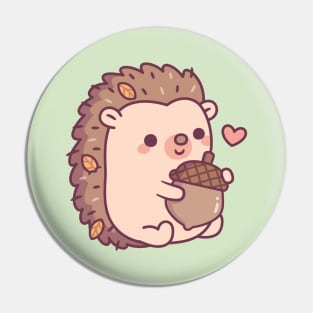 Cute Little Hedgehog With Autumn Leaves And Acorn Pin