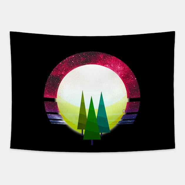 Three brother trees standing before the cosmic moonrise Tapestry by OwlyChicStudio