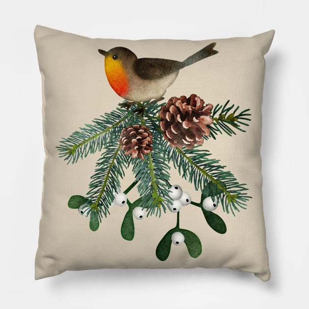 Song Bird Tree Branch Evergreen Pinecone Nature Lover's Pillow by Pine Hill Goods