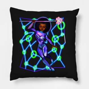 Black anime superhero girl from outer space with lights 2 ! beautiful  black girl with Afro hair, brown eyes, Cherry pink lips and dark brown skin. Hair love ! Pillow