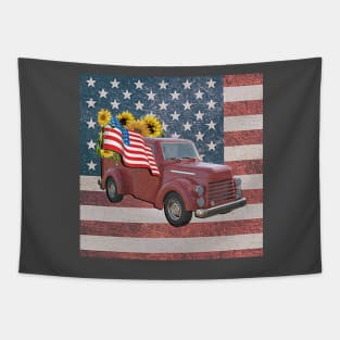 Vintage Pickup Truck Design, Sunflowers & USA American Flag Tapestry