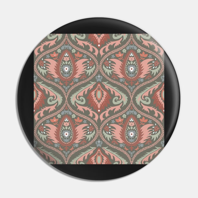 Classic ogee pattern with tendrils rust red and old pink on green Pin by colorofmagic