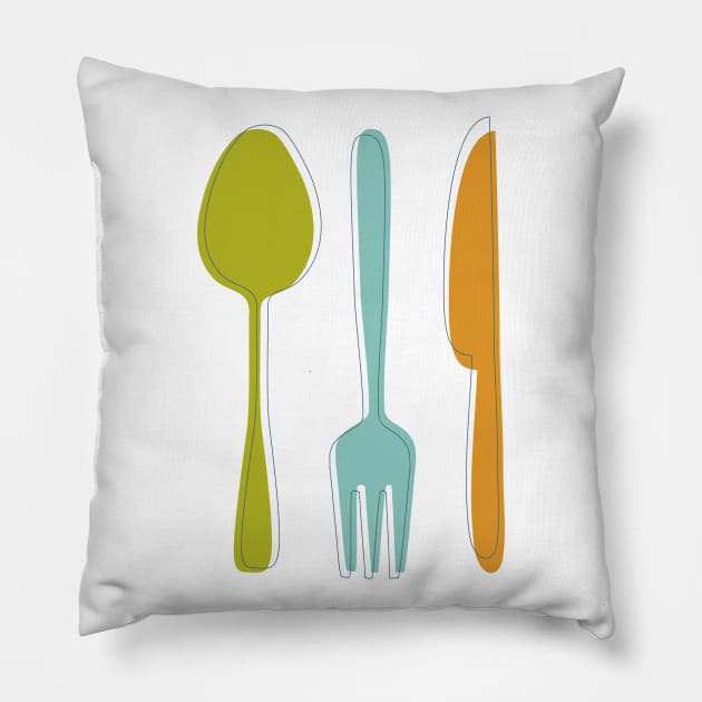 Colorful Kitchen Utensils Mid Century Retro Pillow by OrchardBerry