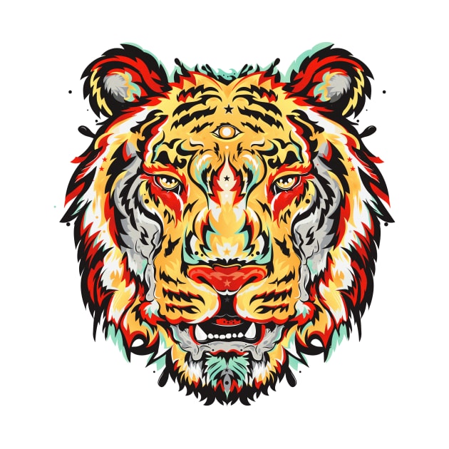 Wild Beauty: A Striking Yellow, Green and Red Tiger Design by yoaz