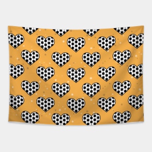 Football / Soccer Ball Texture In Heart Shape - Seamless Pattern on Orange Background Tapestry