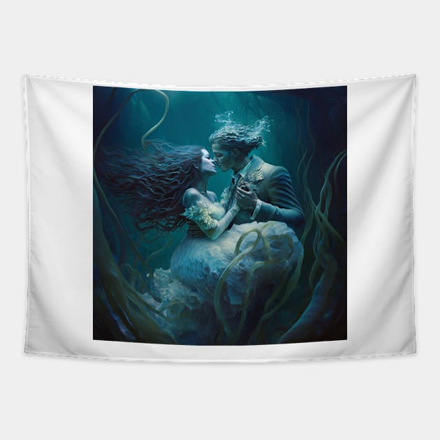 Man and a woman kissing under water. Tapestry by Artisticwalls