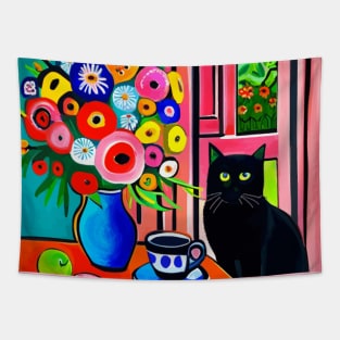 Black Cat with Cute Abstract Flowers in a Blue Vase Still Life Painting Tapestry