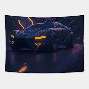 Dark Neon City Sports Car Tapestry