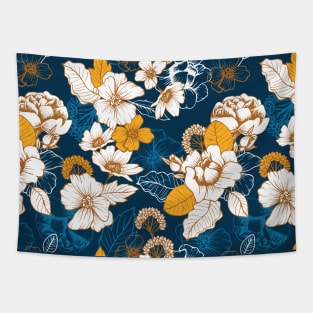 Navy and Gold Flowers Seamless Pattern Tapestry