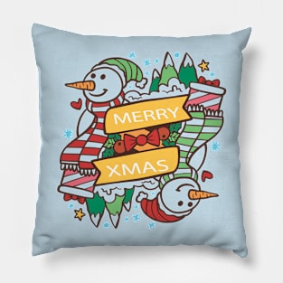 Merry Xmas Snowman Hand Drawn Pillow