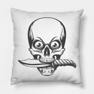 Human Skull with Eyes holds Knife in a Teeth Pillow