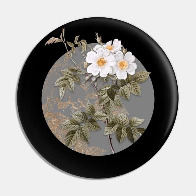 Vintage Blooming White Rosebush Botanical Illustration on Circle Pin by Holy Rock Design