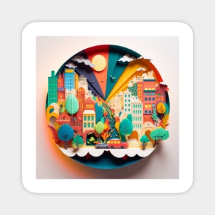 3D Effect Papercut Art - Cityscape Scene Magnet