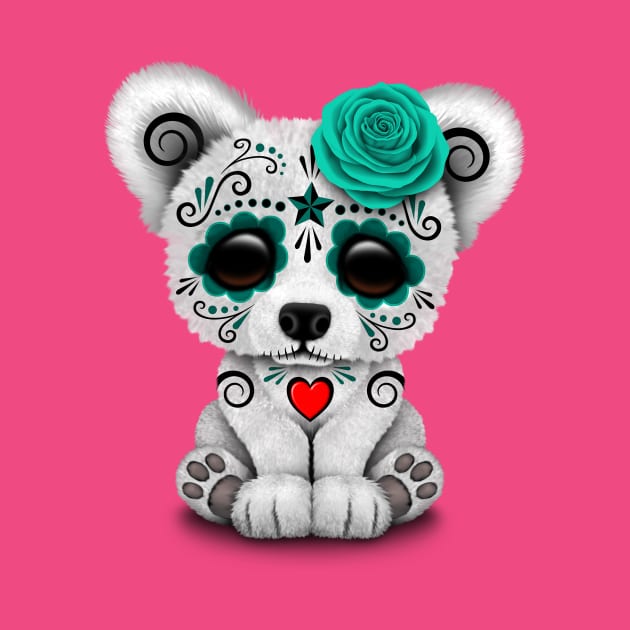 Teal Blue Day of the Dead Sugar Skull Polar Bear by jeffbartels