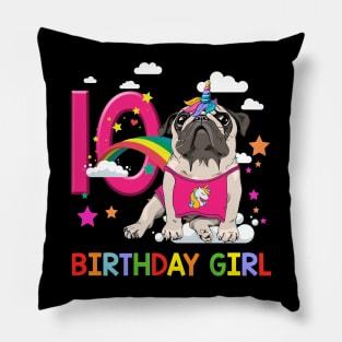 Pug Birthday - 10 Years Old Unicorn Pugicorn Party Pillow