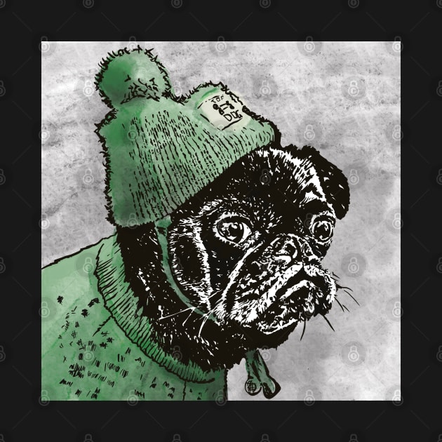 What the Pug? Grumpy  Pug in Green Woolly Hat and Jumper by NattyDesigns