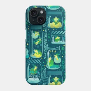 Glowing in the moss // pattern // teal background jars with lightning fireflies bugs quirky whimsical and bioluminescence lampyridae beetles Phone Case