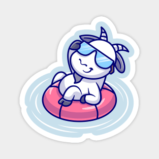 Cute Goat Chill On Swimming Pool With Glasses Cartoon Magnet