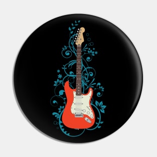 Red S-Style Electric Guitar Flowering Vines Pin