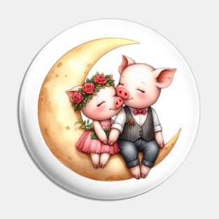 Valentine Pig Couple on Moon Pin