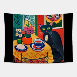 Black Cat with Flowers and Selfie on Wall Tapestry