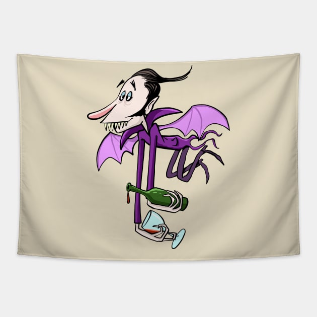 drunken vampire returns from a party with a bottle of fine wine Tapestry by duxpavlic