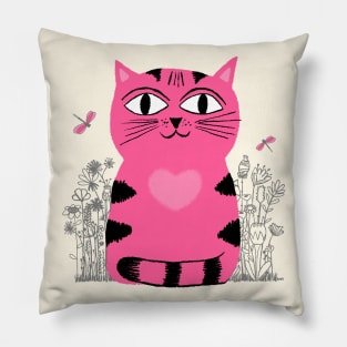 Bright Eyed Pink Heart Kitty In The Flower Garden Pillow