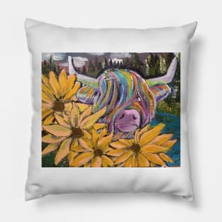 Highland cow and sunflower Pillow