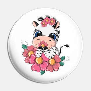 Cartoon zebra in a meadow with flowers. Pin