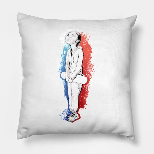 Girl with skateboard red and blue Pillow by motylanoga