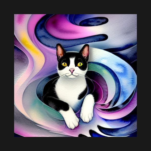 Happy Black and White Cat in Ethereal Swirl by ArtistsQuest